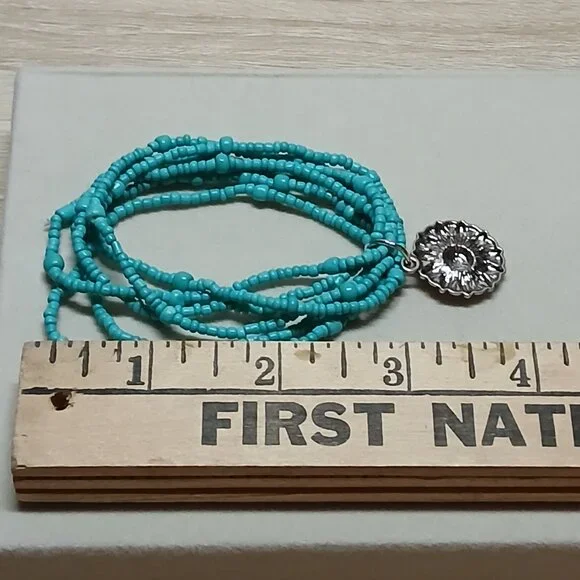 Handmade Turquoise Tone Beaded Bracelet w/ Sunflower Pendant Fashion Jewelry #48 - Picture 2 of 8